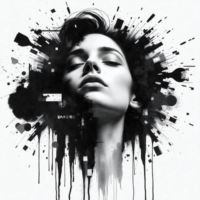 The primary subject of the image is a woman with long hair, who is the main focus of the scene. She is looking upwards, possibly at the camera. The setting is a black and white background, which adds a dramatic and artistic touch to the image. The visual style is a combination of a photo and digital art, creating a unique and striking portrait. The colors and mood of the image are predominantly black and white, giving it a timeless and classic feel.